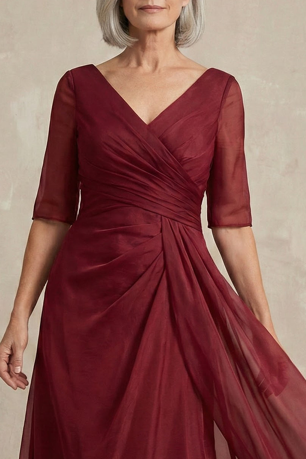 Red V-Neck A-Line Half-Sleeve Mother of the Bride Dress