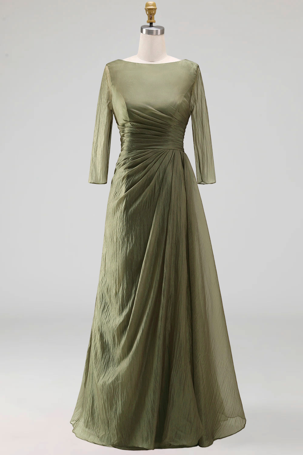 Dusty Sage Ruched A Line Boat Neck Long Mother of the Bride Dress