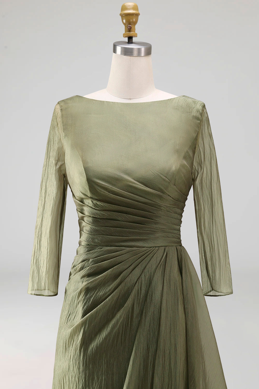 Dusty Sage Ruched A Line Boat Neck Long Mother of the Bride Dress