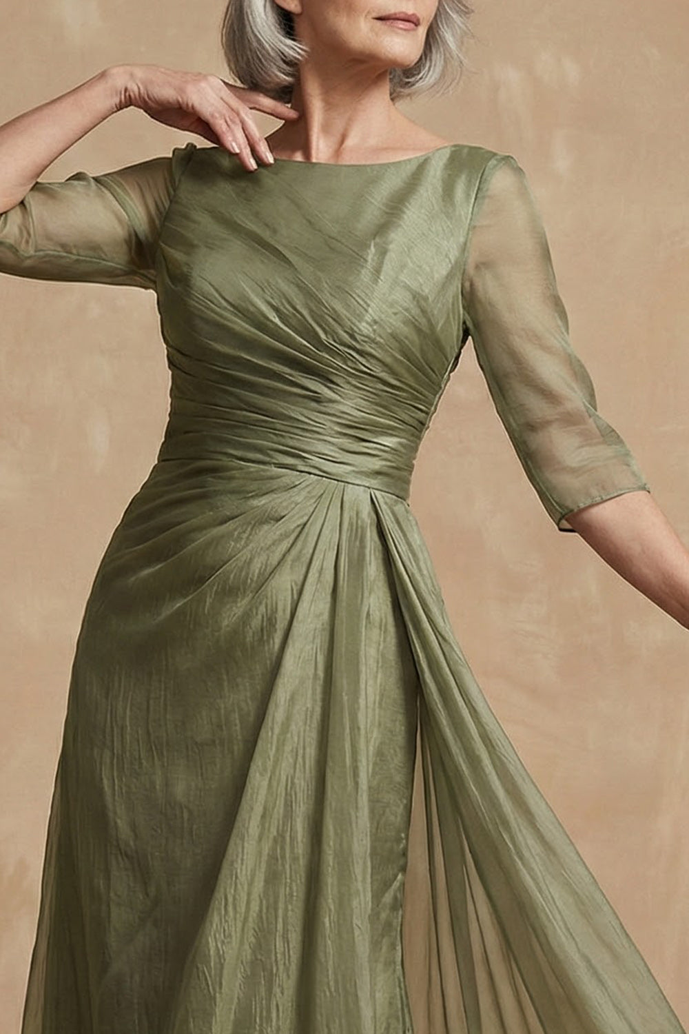 Dusty Sage Ruched A Line Boat Neck Long Mother of the Bride Dress
