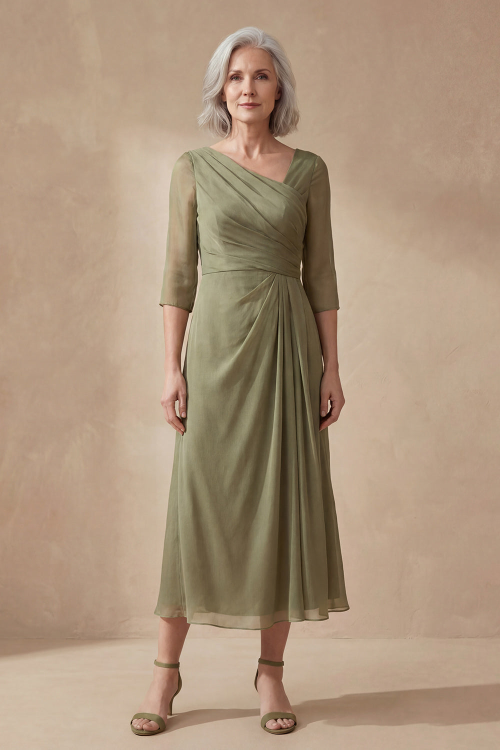A Line Dusty Sage Ruched V-Neck Midi Mother of the Bride Dress