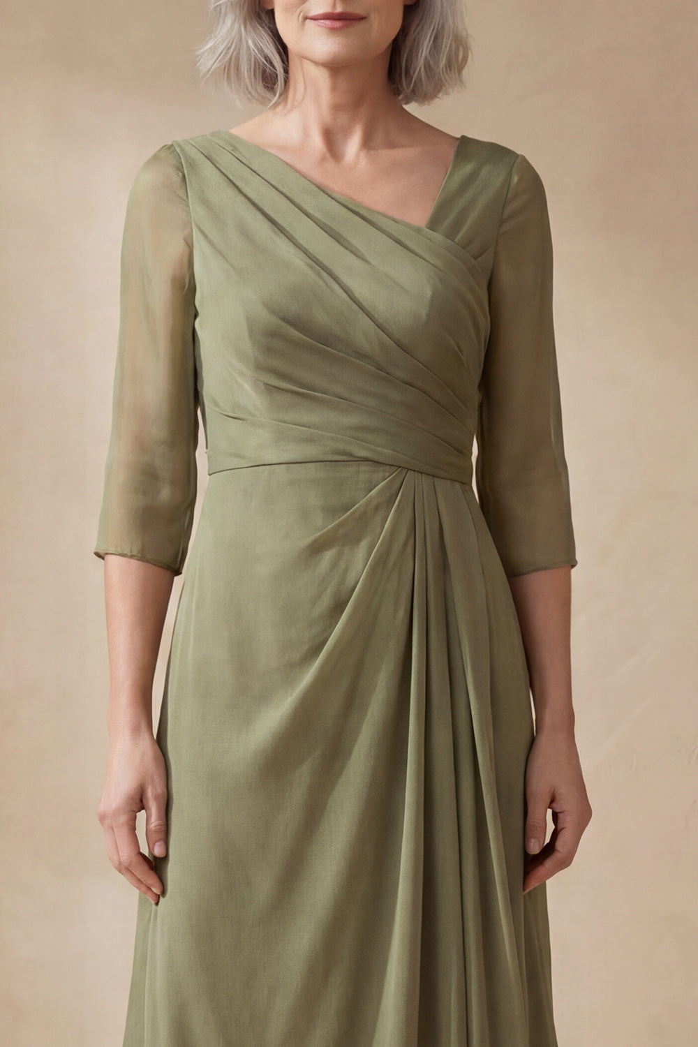 A Line Dusty Sage Ruched V-Neck Midi Mother of the Bride Dress