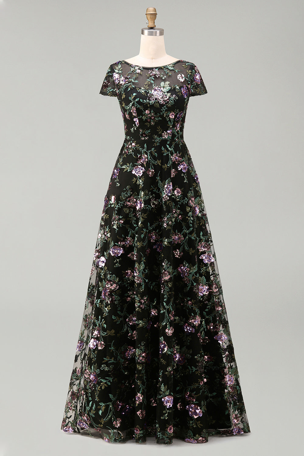 Robe de mariée longue noire à col rond, ligne A, motif floral et sequins
