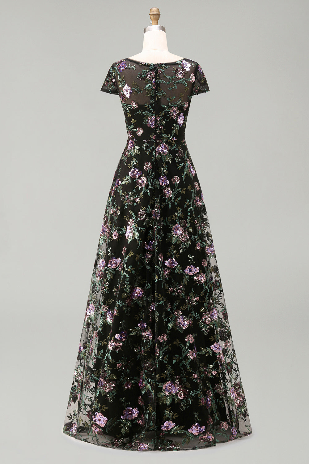 Robe de mariée longue noire à col rond, ligne A, motif floral et sequins