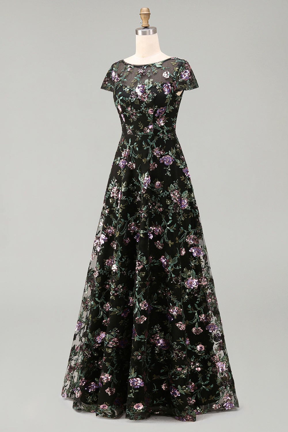 Robe de mariée longue noire à col rond, ligne A, motif floral et sequins