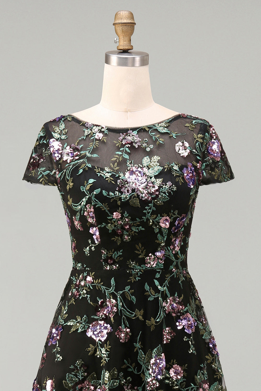 Robe de mariée longue noire à col rond, ligne A, motif floral et sequins