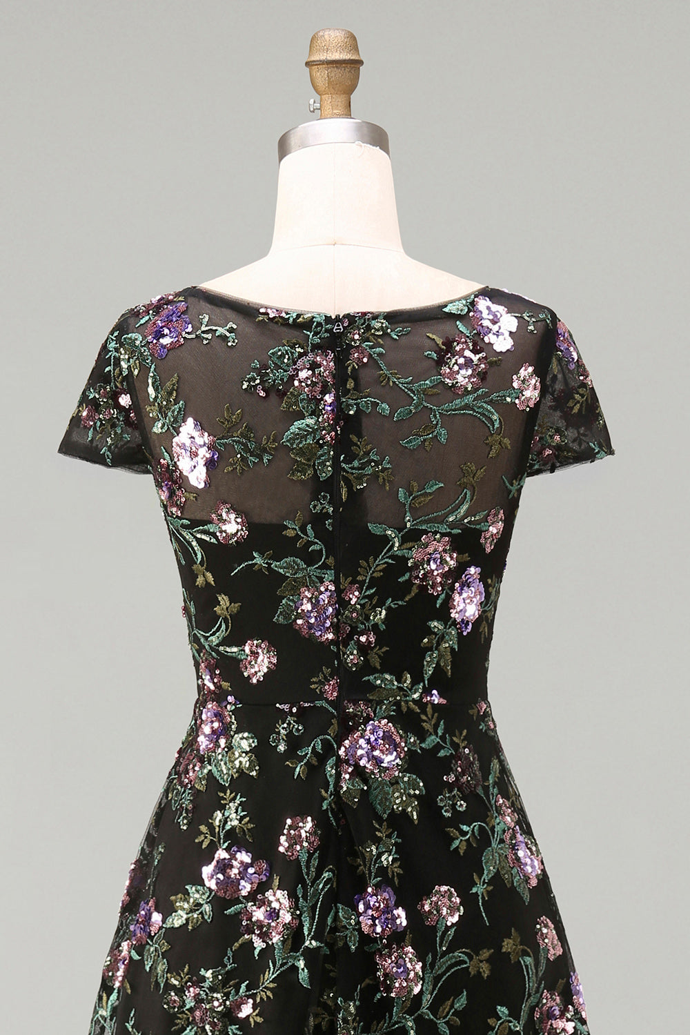 Robe de mariée longue noire à col rond, ligne A, motif floral et sequins