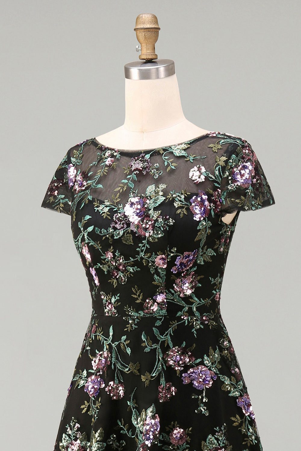 Robe de mariée longue noire à col rond, ligne A, motif floral et sequins