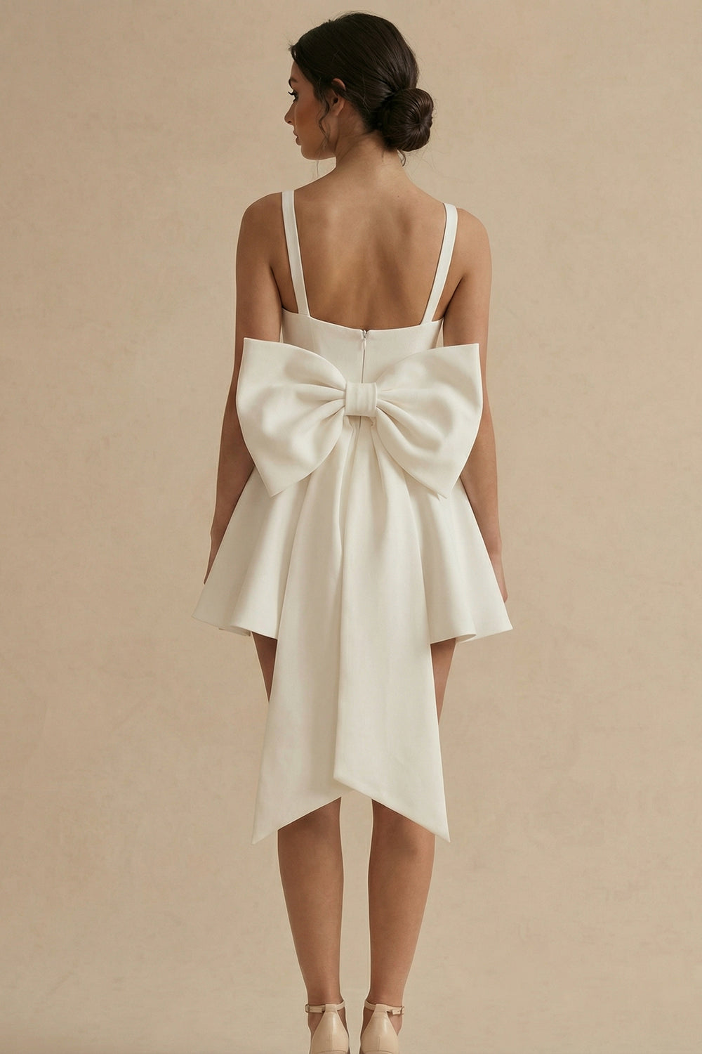 A-Line Spaghetti Starp Mini Satin Little White Dress with Bow