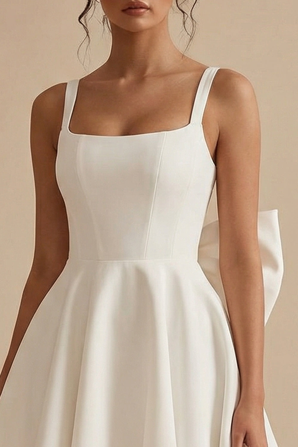 A-Line Spaghetti Starp Mini Satin Little White Dress with Bow