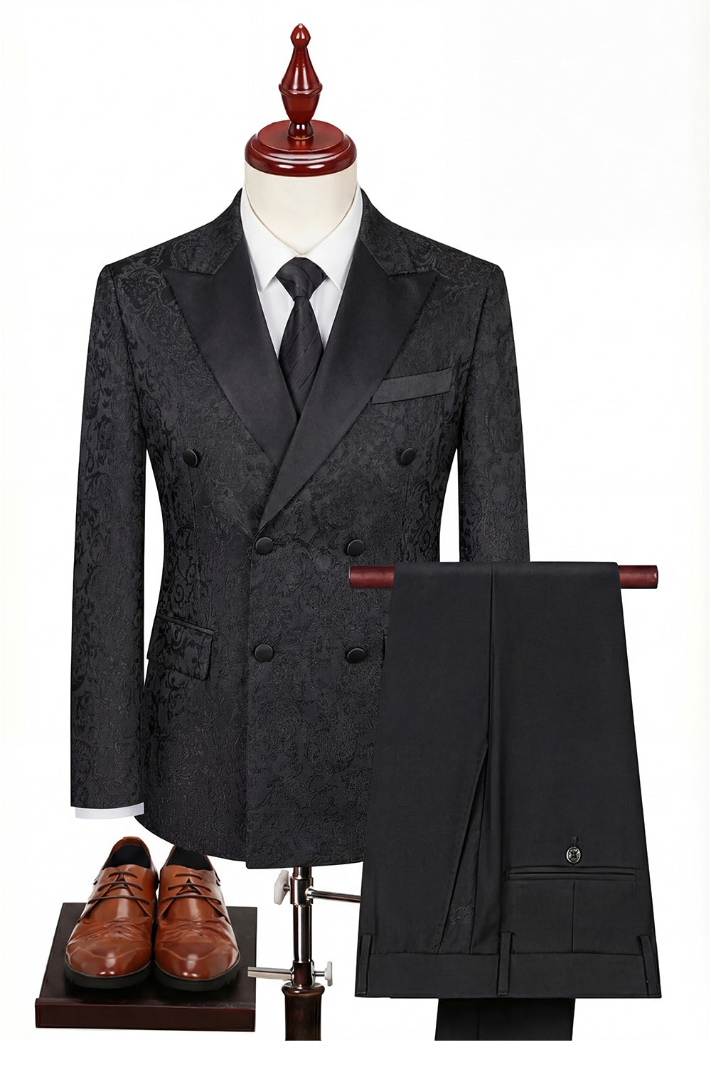 Black Double-Breasted Peaked Lapel 3-Piece Men's Suit