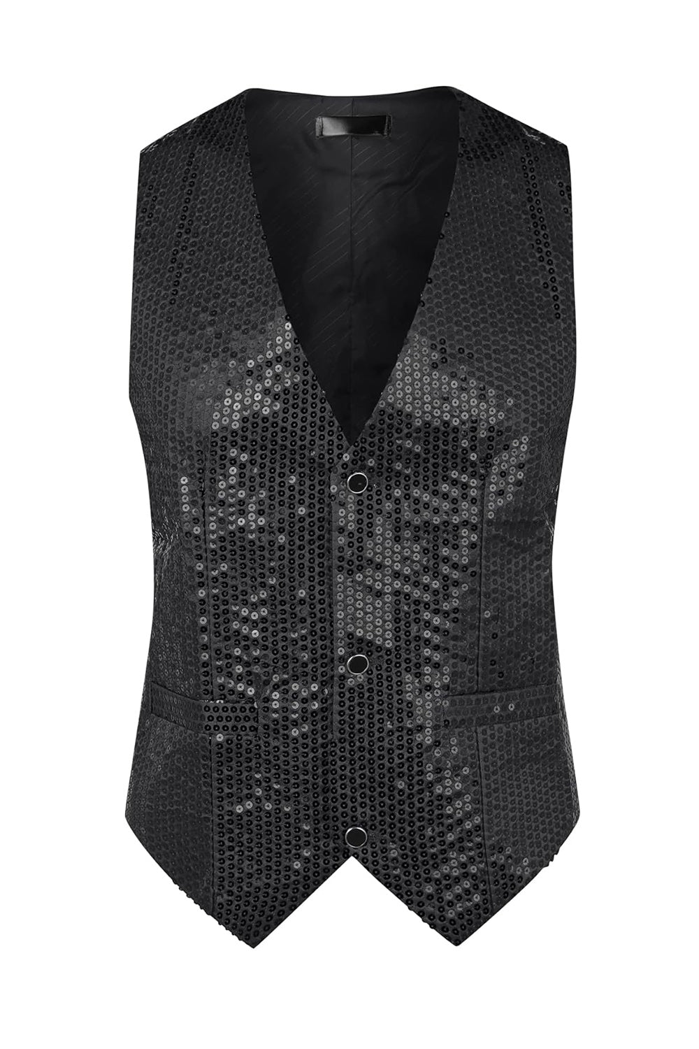 Gilet de costume homme noir scintillant col V simple boutonnage avec sequins