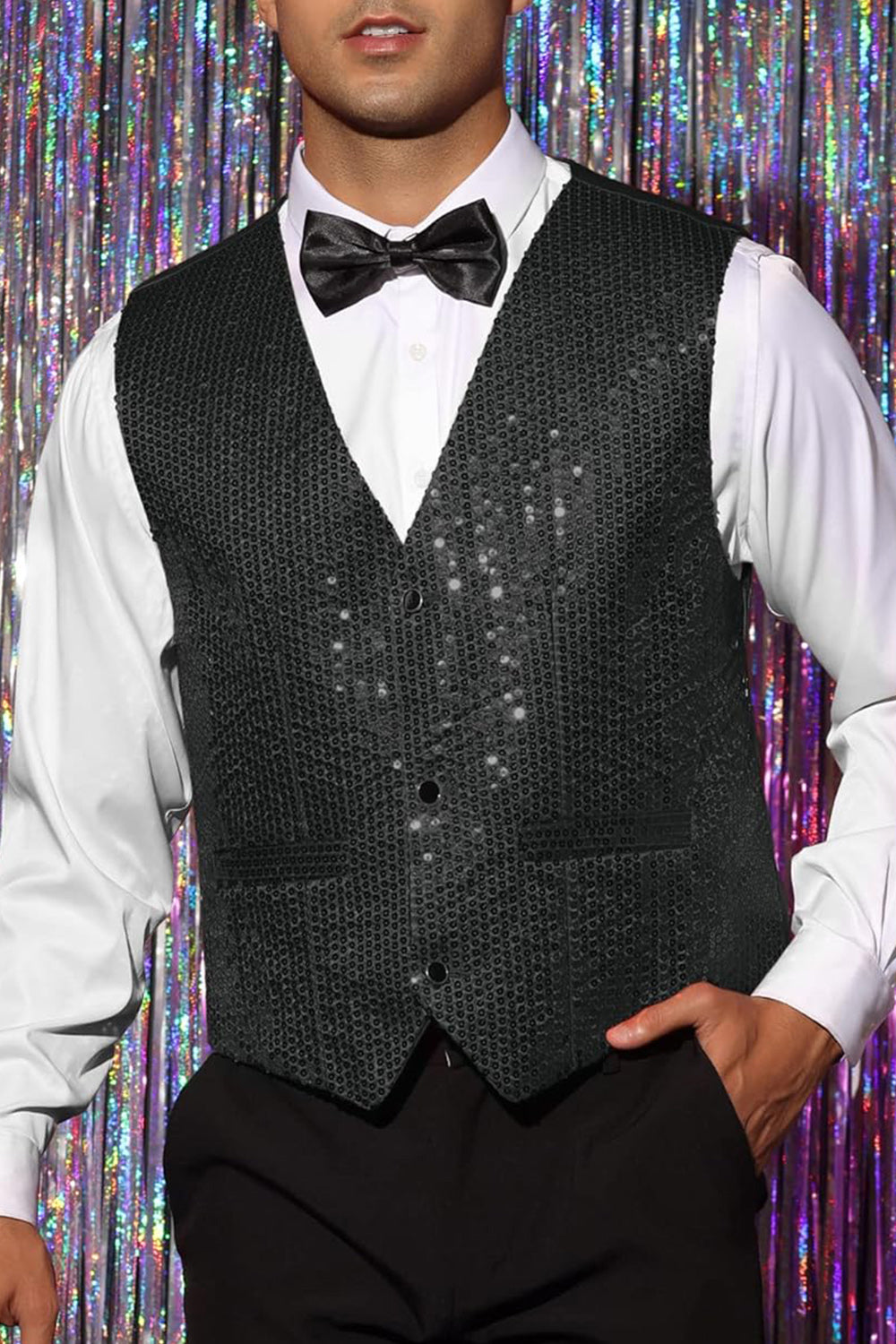 Gilet de costume homme noir scintillant col V simple boutonnage avec sequins