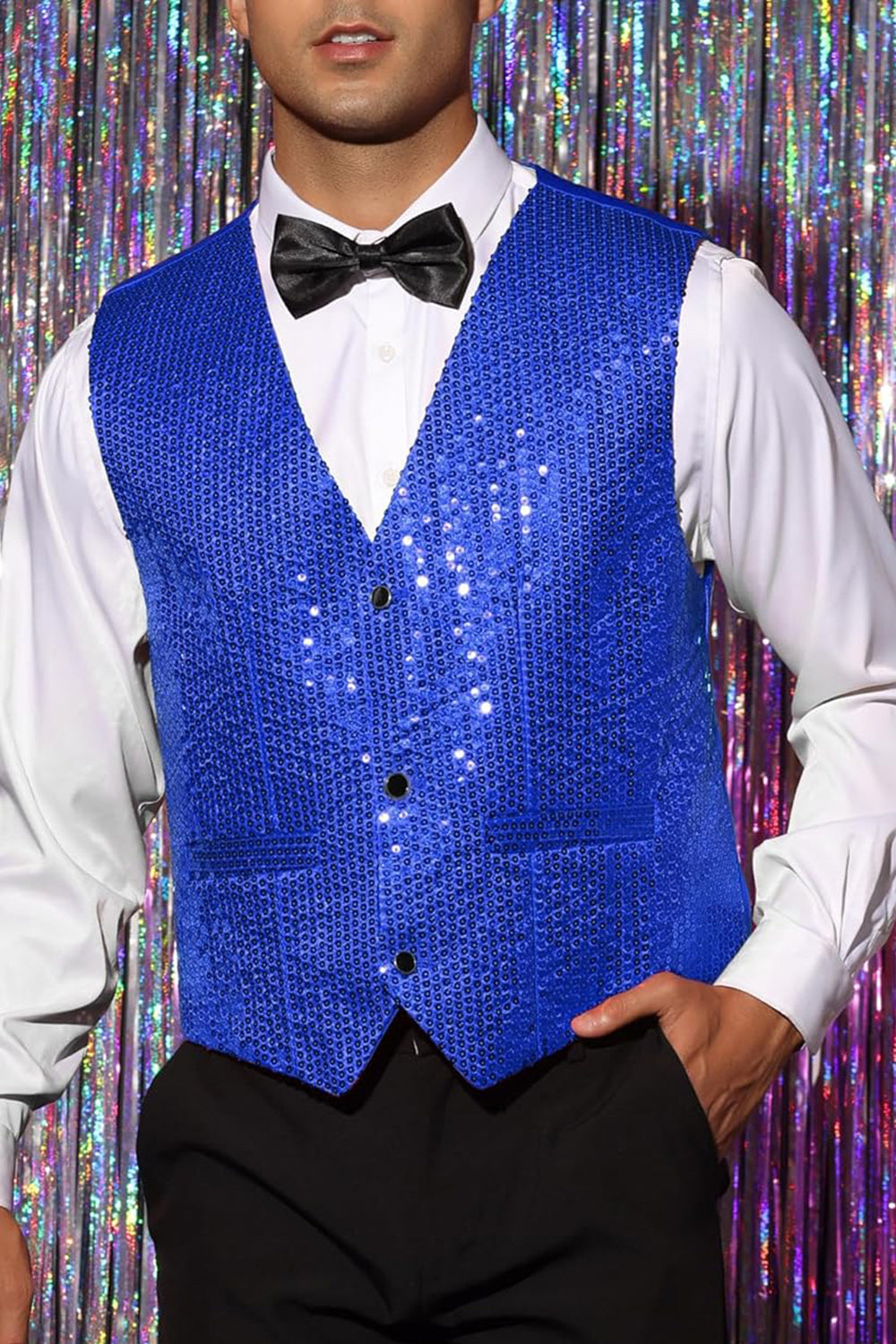 Gilet de costume homme noir scintillant col V simple boutonnage avec sequins