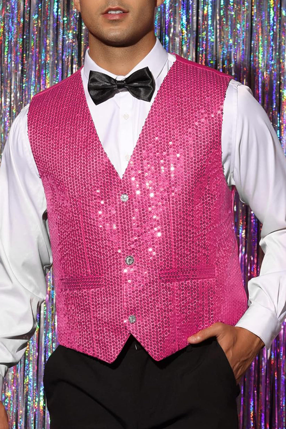 Gilet de costume homme noir scintillant col V simple boutonnage avec sequins