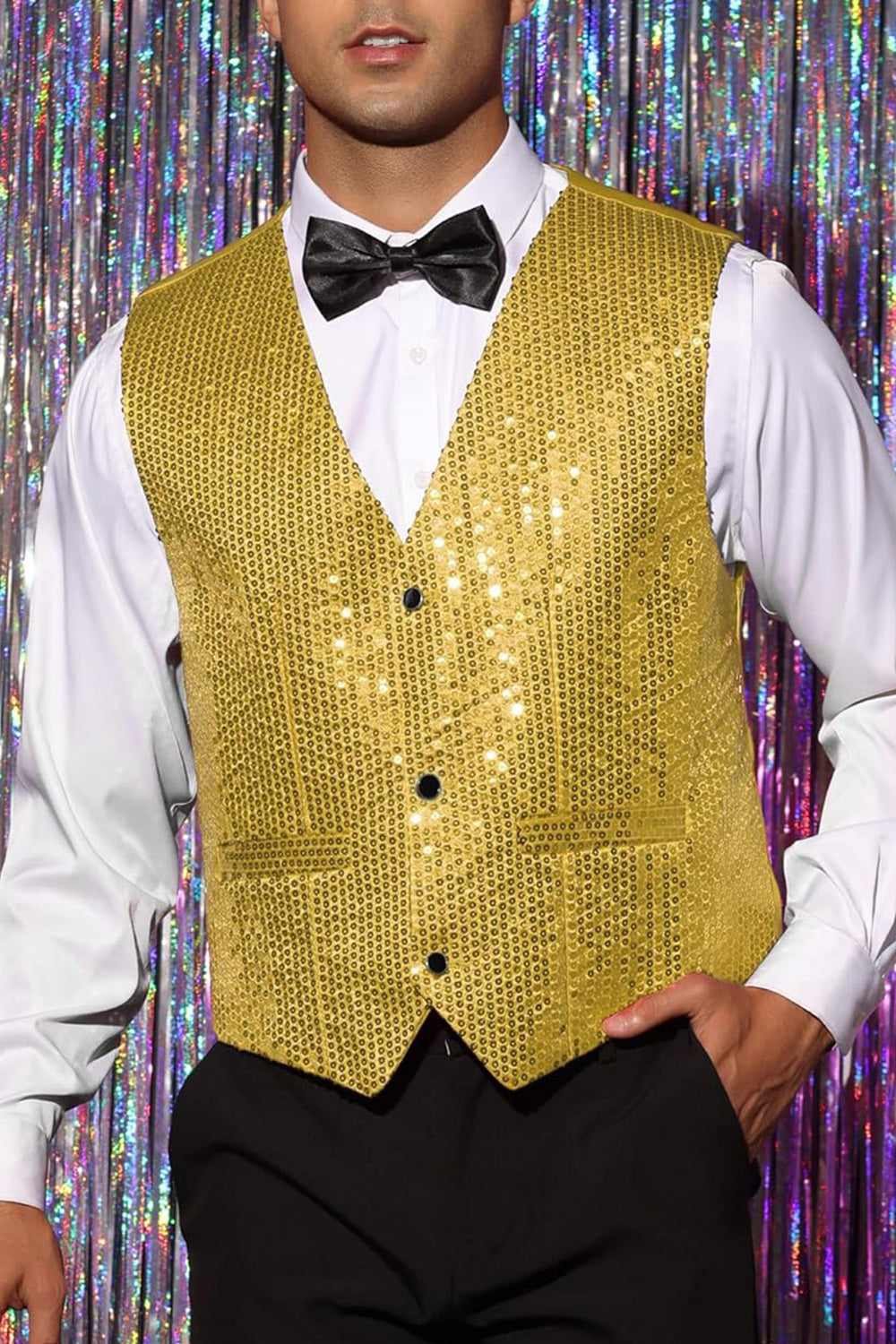 Gilet de costume homme noir scintillant col V simple boutonnage avec sequins