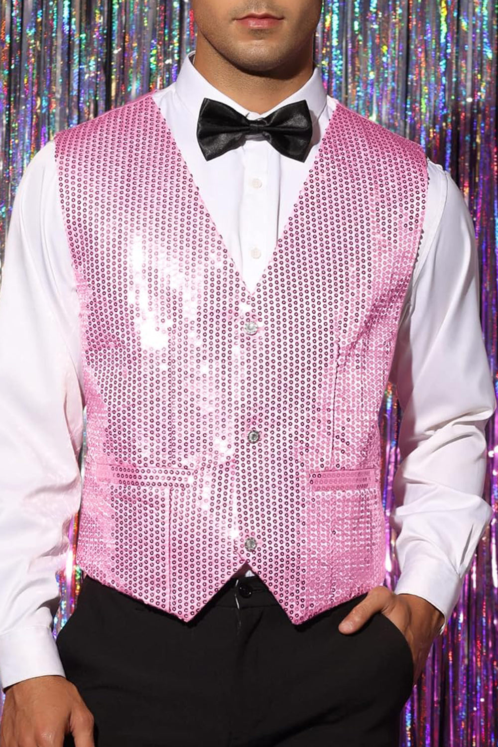 Gilet de costume homme noir scintillant col V simple boutonnage avec sequins