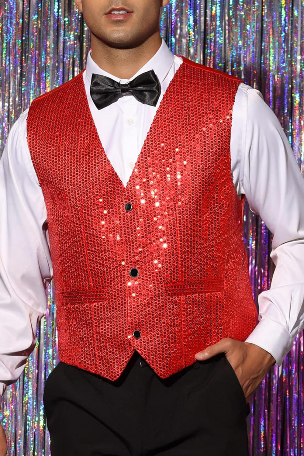 Gilet de costume homme noir scintillant col V simple boutonnage avec sequins