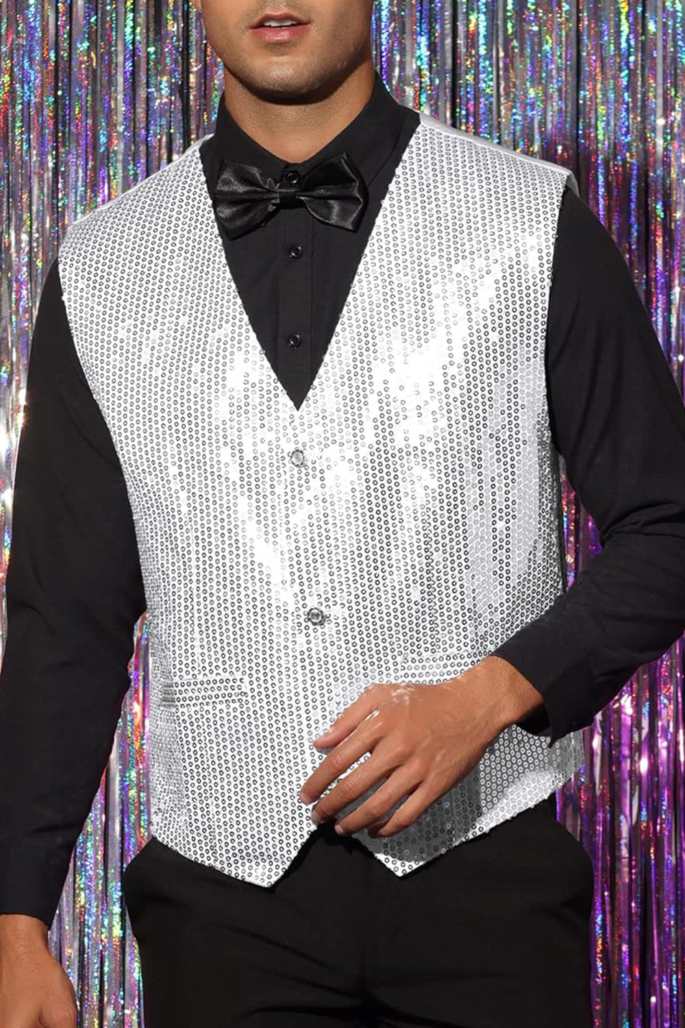 Gilet de costume homme noir scintillant col V simple boutonnage avec sequins
