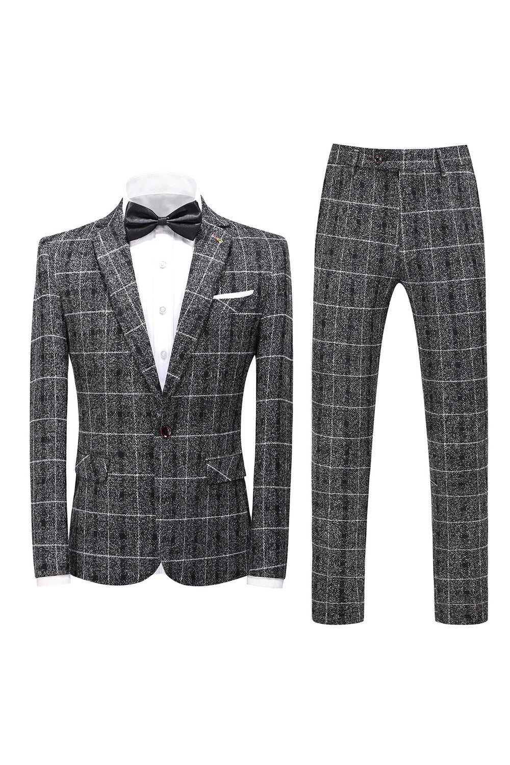 Costume de cérémonie 3 pièces noir à carreaux, revers crantés et un bouton pour homme