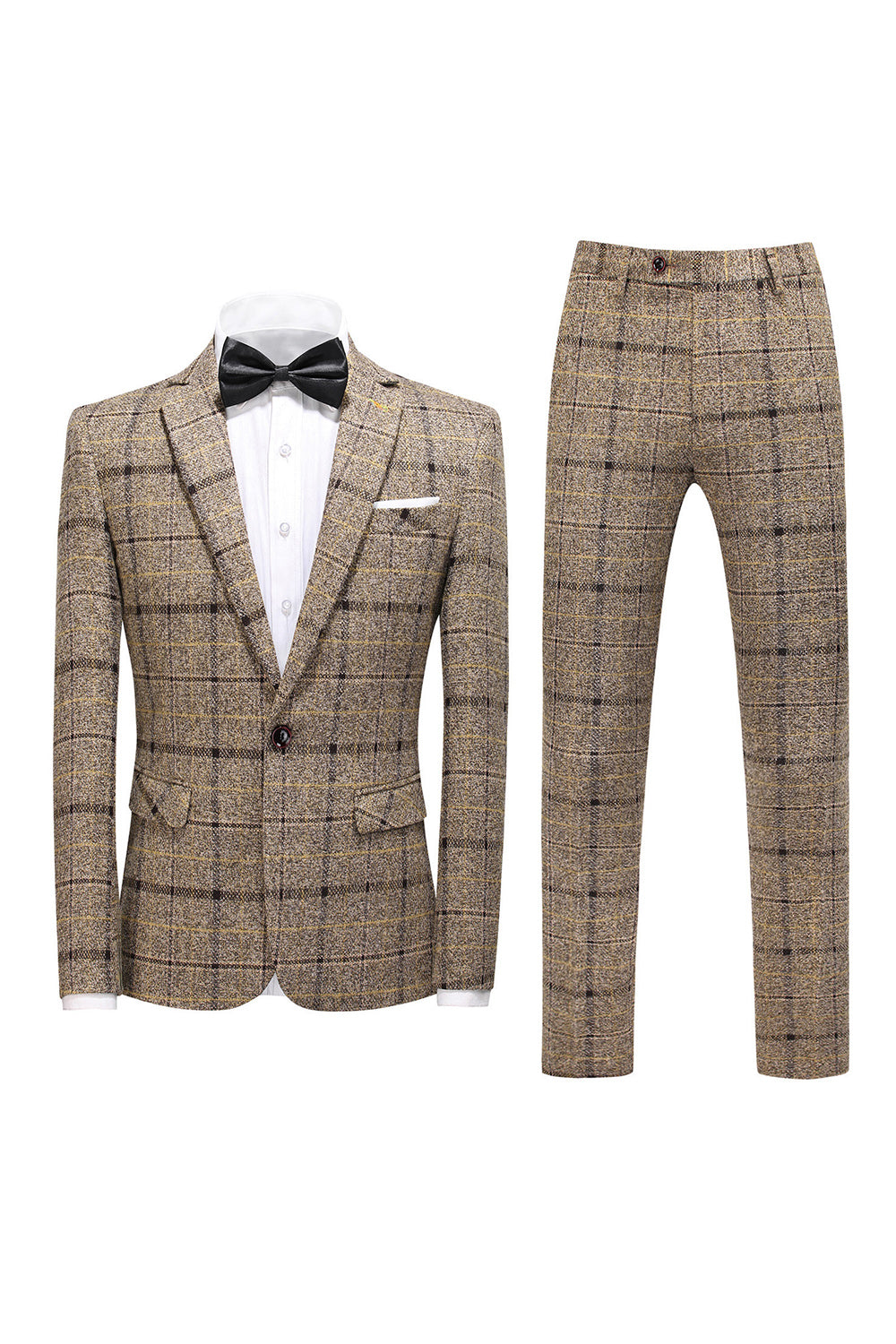 Costume de cérémonie 3 pièces noir à carreaux, revers crantés et un bouton pour homme