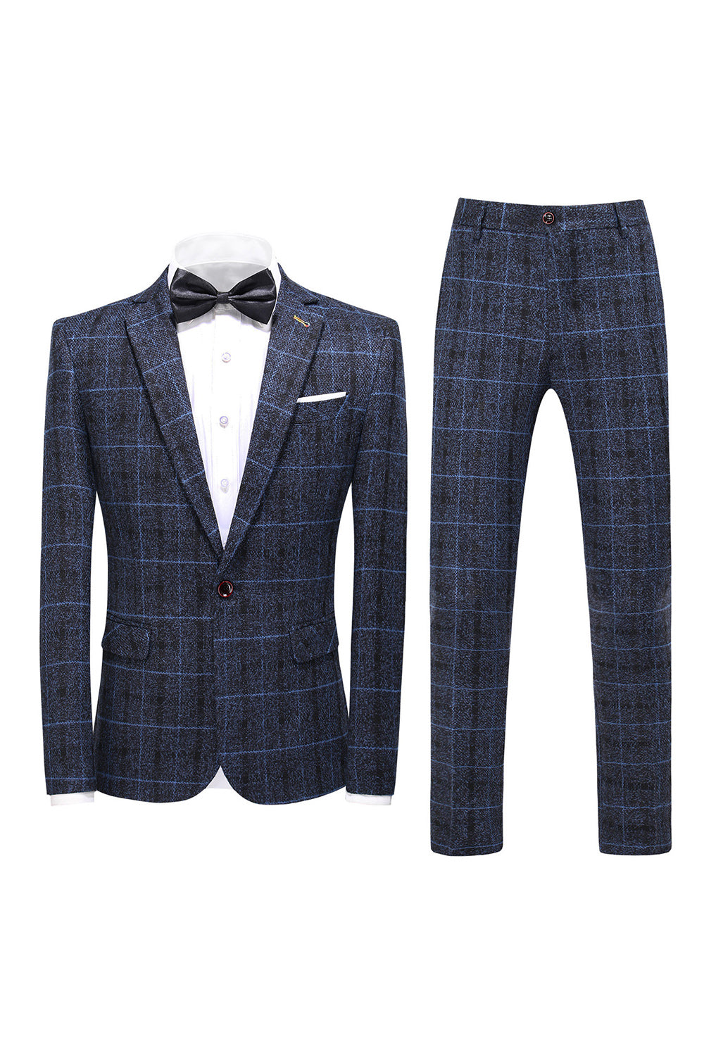 Costume de cérémonie 3 pièces noir à carreaux, revers crantés et un bouton pour homme