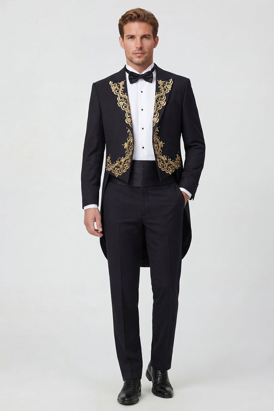 2 Piece Black One Button Peak Lapel Men's Suits