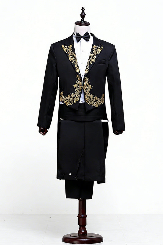 2 Piece Black One Button Peak Lapel Men's Suits