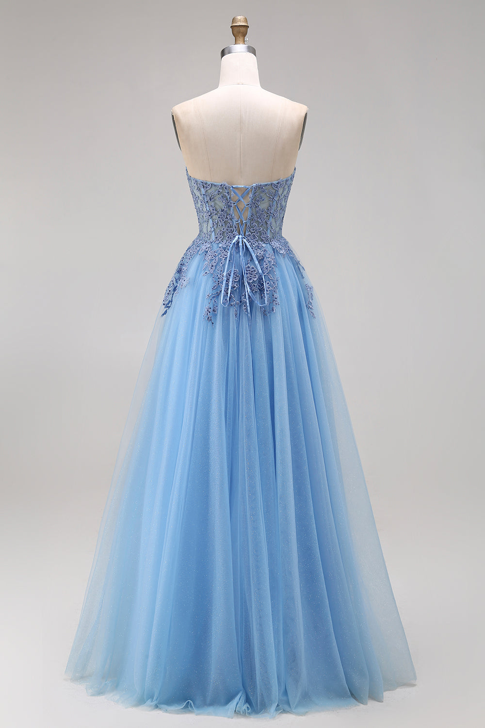 Blue Tulle Corset A-Line Sweetheart Appliqued Long Prom Dress with Slit