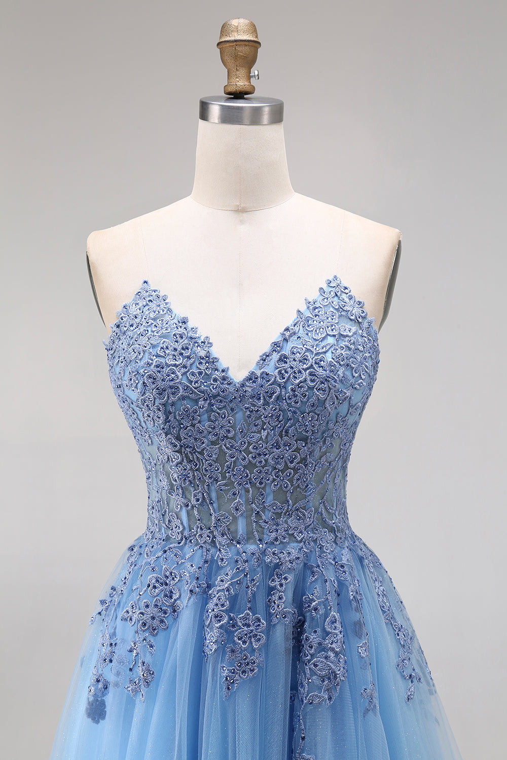 Blue Tulle Corset A-Line Sweetheart Appliqued Long Prom Dress with Slit