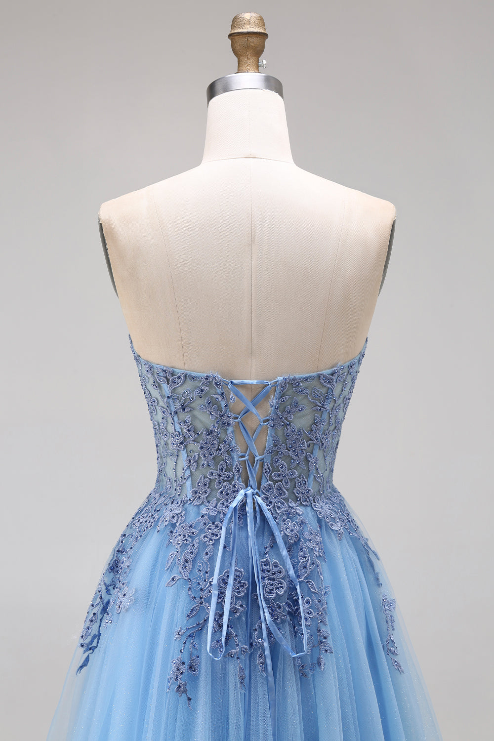 Blue Tulle Corset A-Line Sweetheart Appliqued Long Prom Dress with Slit