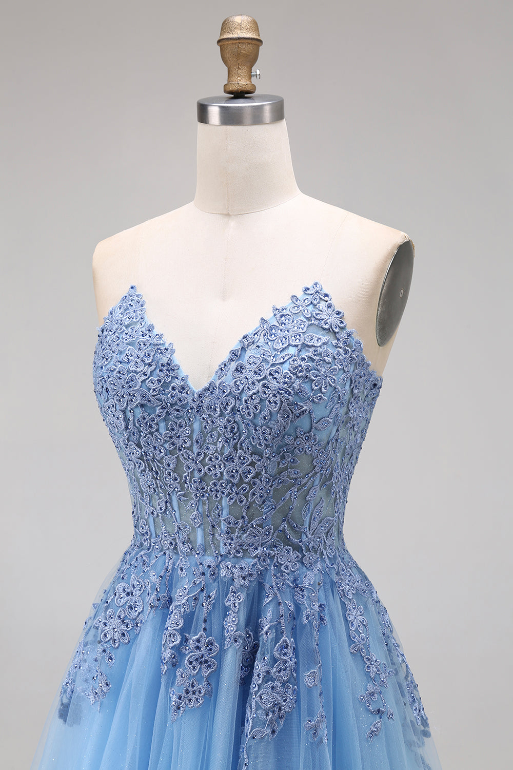 Blue Tulle Corset A-Line Sweetheart Appliqued Long Prom Dress with Slit