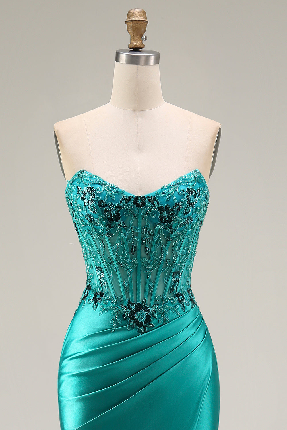 Peacock Satin Corset Mermaid Sweetheart Ruched Beaded Appliqued Long Prom Dress with Slit