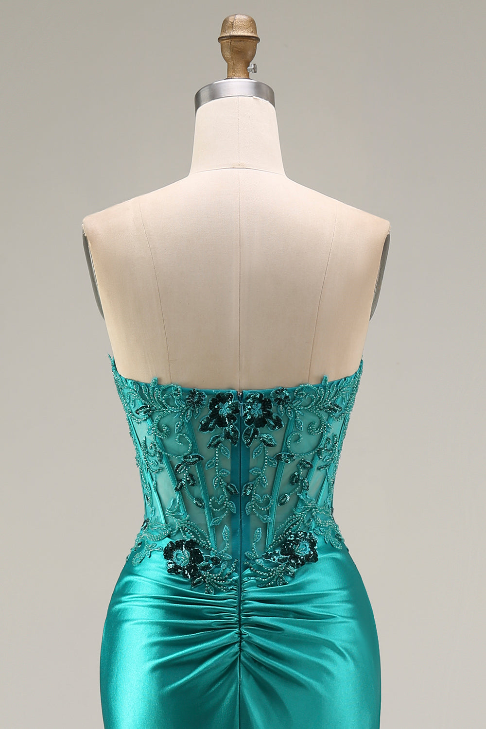 Peacock Satin Corset Mermaid Sweetheart Ruched Beaded Appliqued Long Prom Dress with Slit