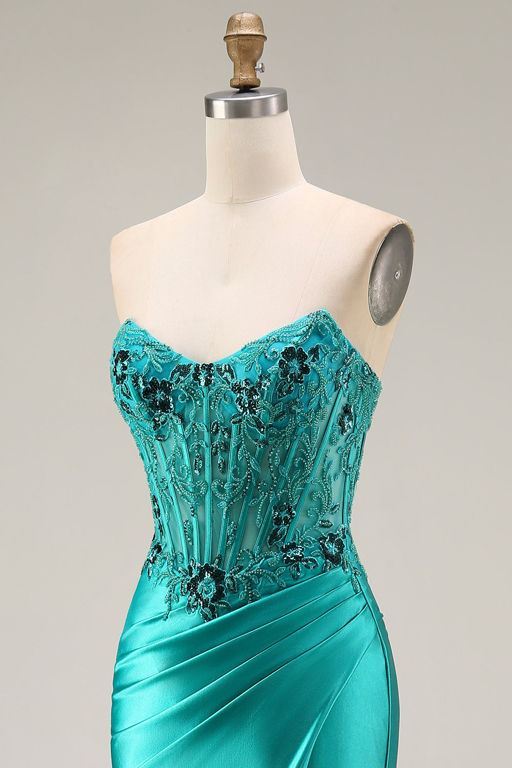 Peacock Satin Corset Mermaid Sweetheart Ruched Beaded Appliqued Long Prom Dress with Slit