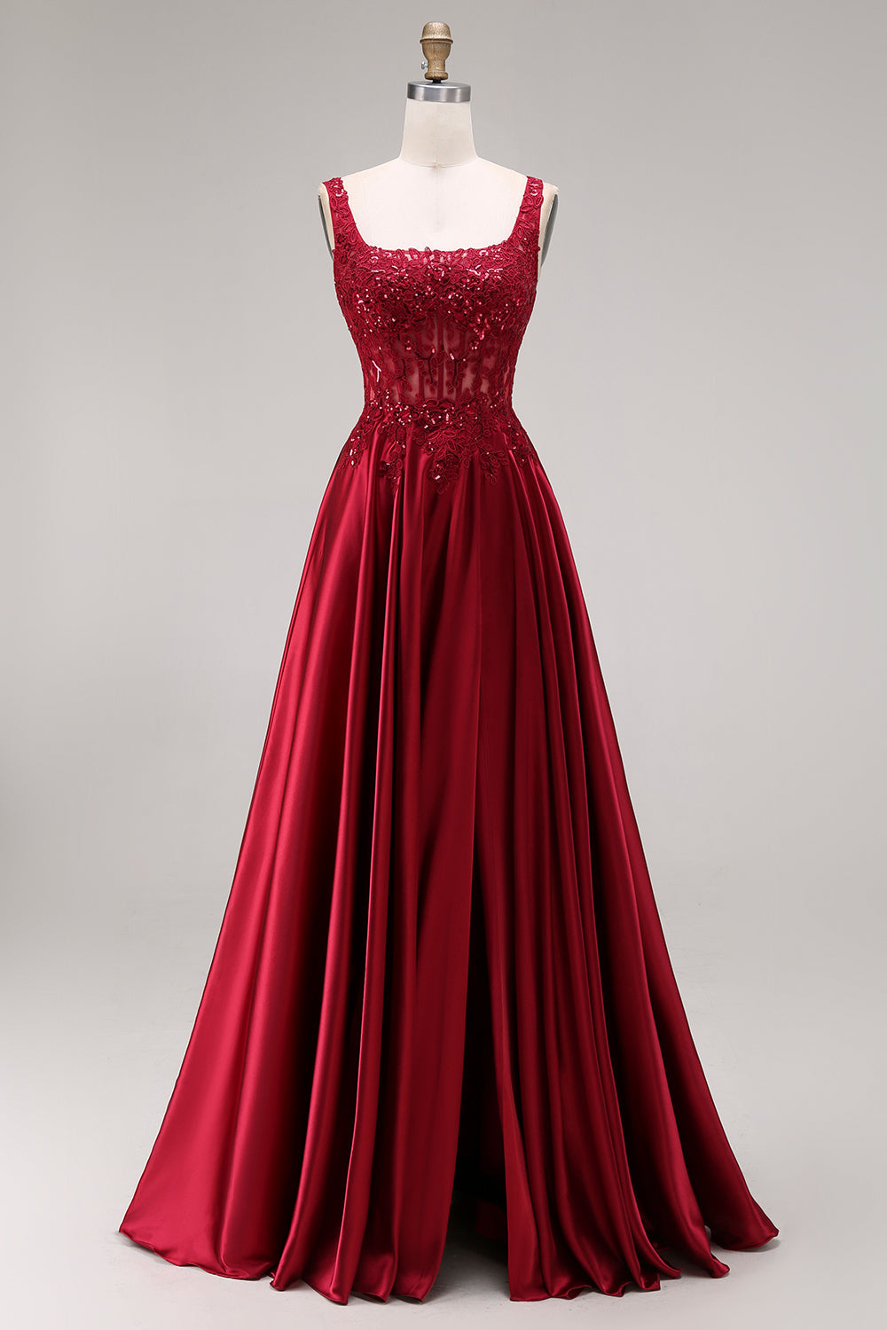 Sparkly Burgundy Velvet Corset A-Line Square Neck Long Prom Dress with Beading