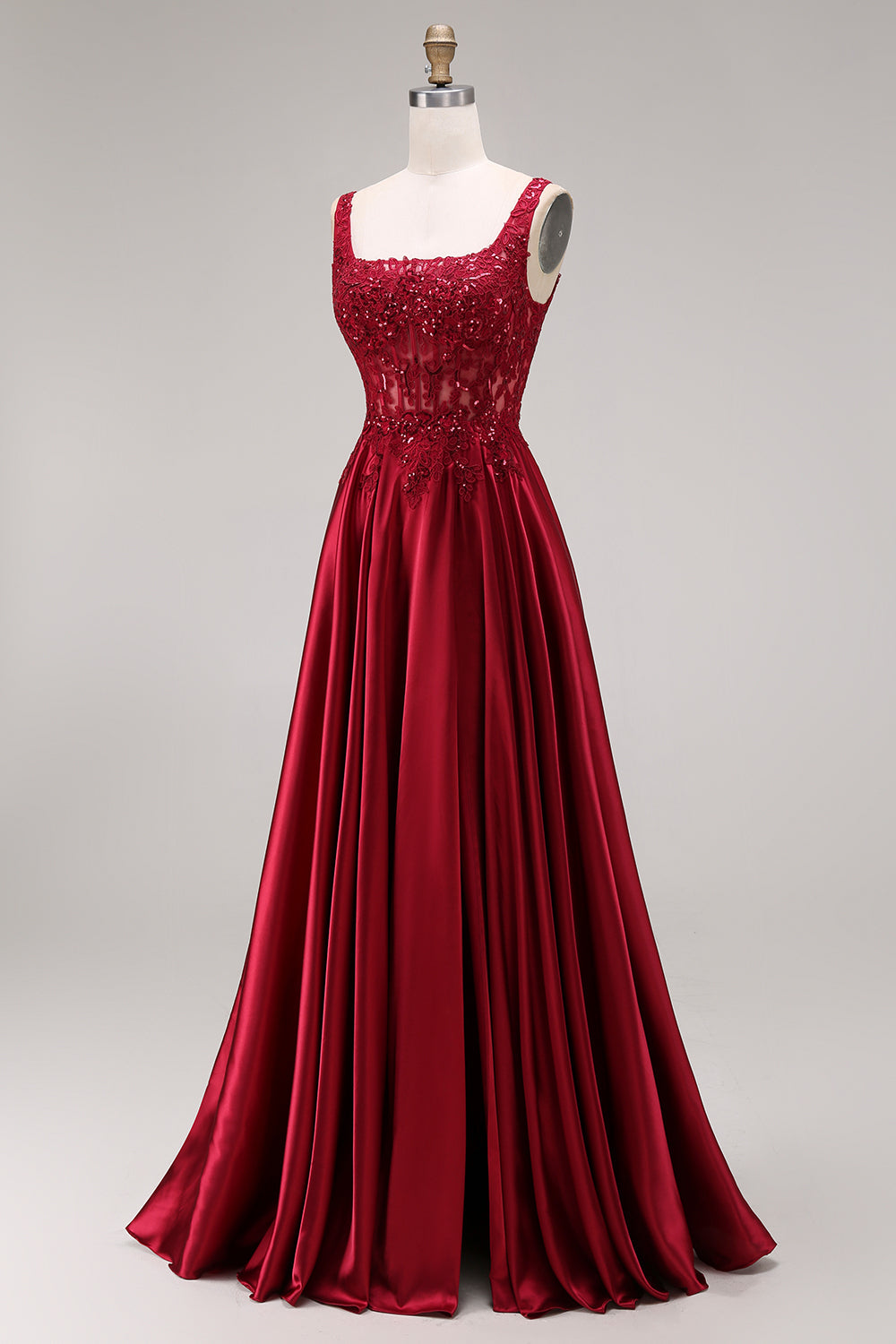 Sparkly Burgundy Velvet Corset A-Line Square Neck Long Prom Dress with Beading