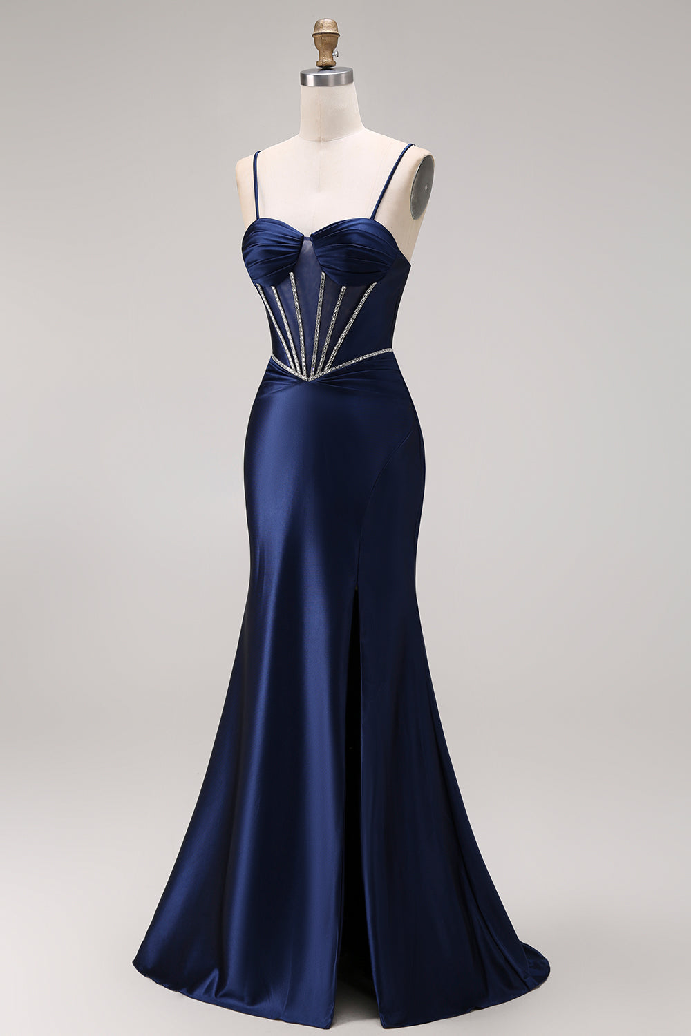 Satin Navy Mermaid Ruched Corset Lace-Up Back Long Prom Dress with Beading