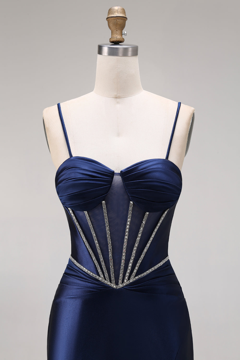 Satin Navy Mermaid Ruched Corset Lace-Up Back Long Prom Dress with Beading