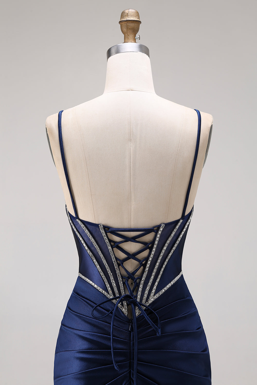Satin Navy Mermaid Ruched Corset Lace-Up Back Long Prom Dress with Beading