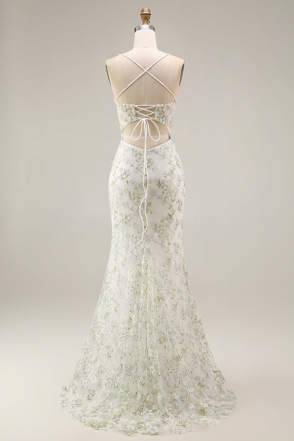 White Green Flower Sheer Corset Mermaid Embroidered Long Prom Dress with Slit