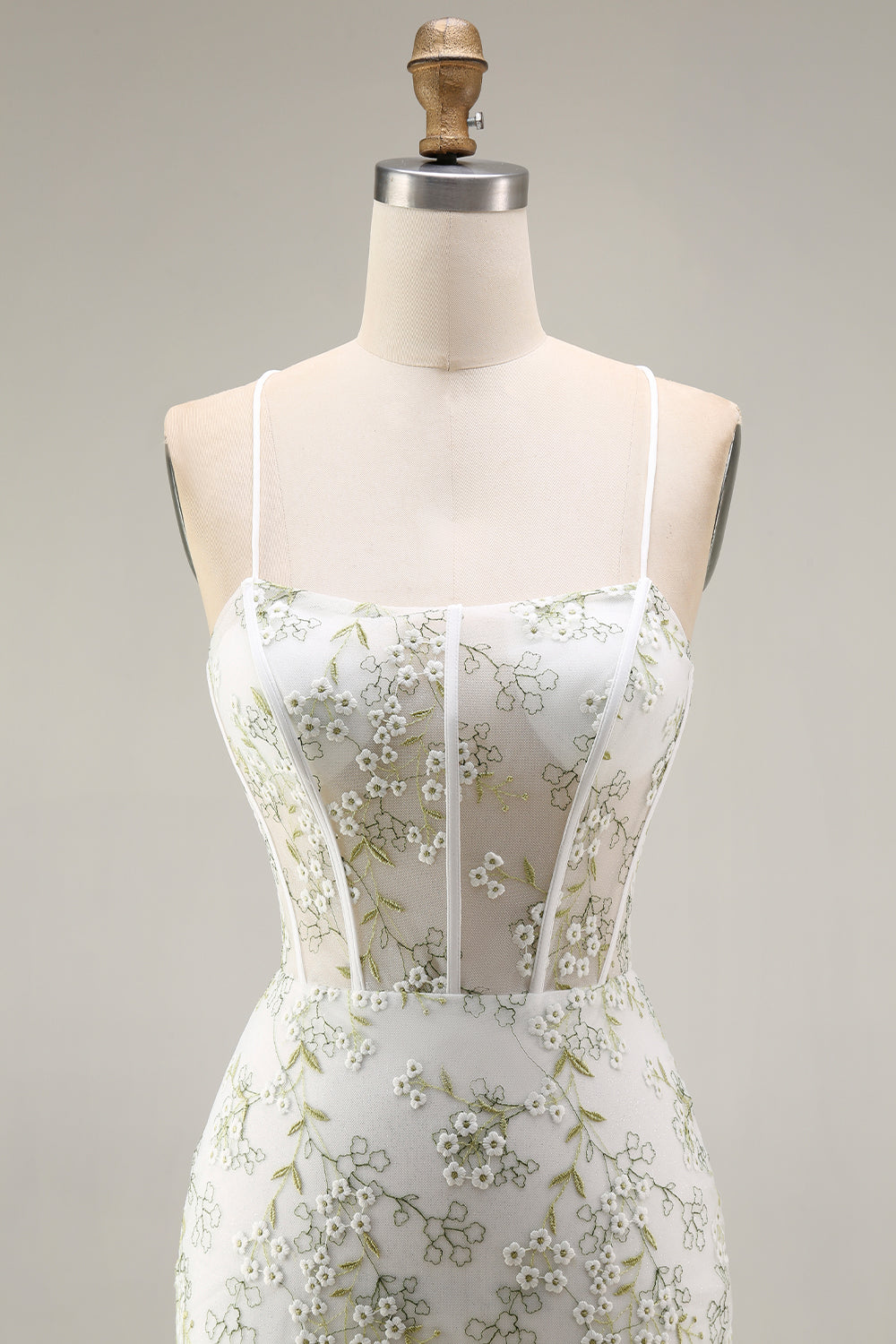 White Green Flower Sheer Corset Mermaid Embroidered Long Prom Dress with Slit