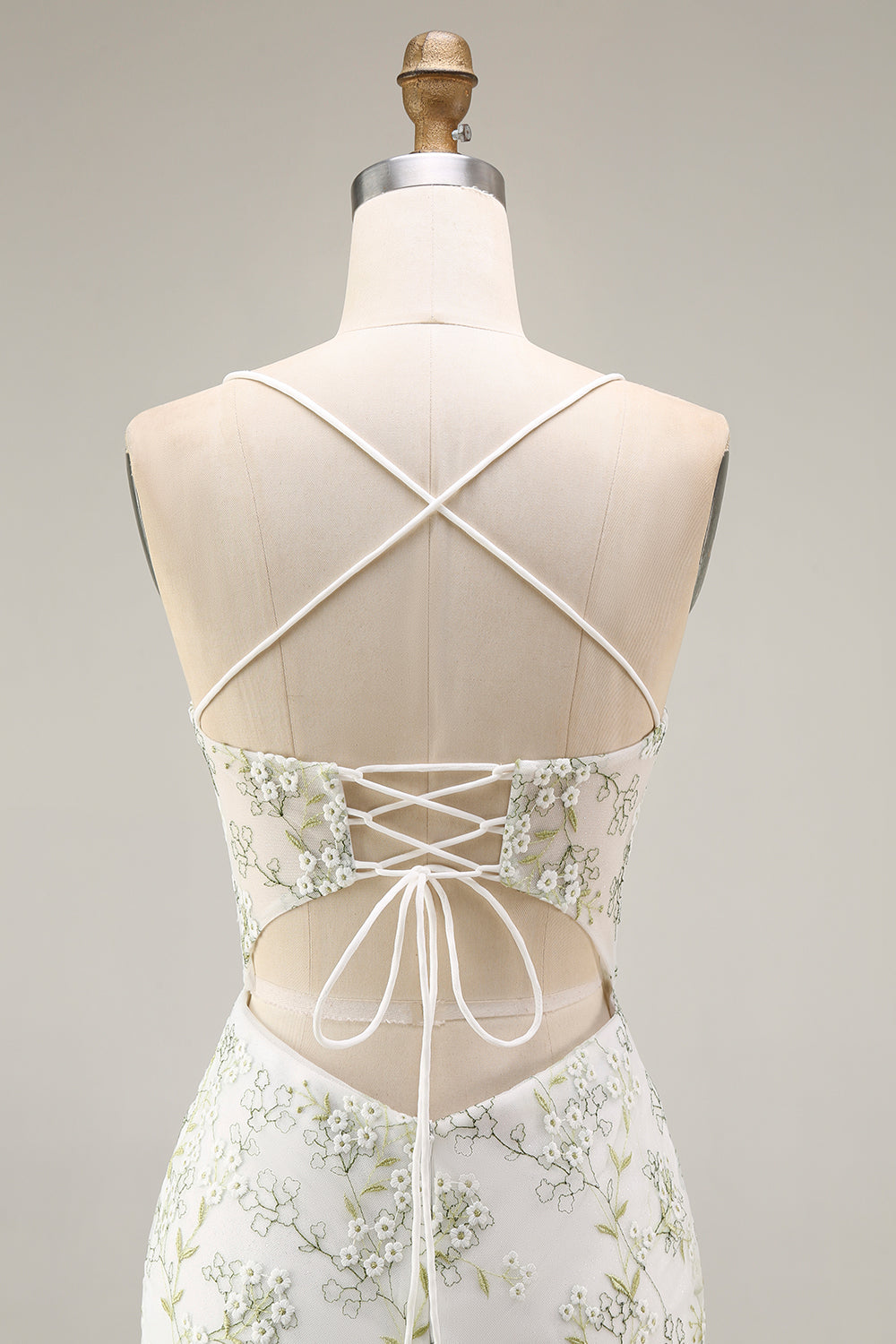 White Green Flower Sheer Corset Mermaid Embroidered Long Prom Dress with Slit