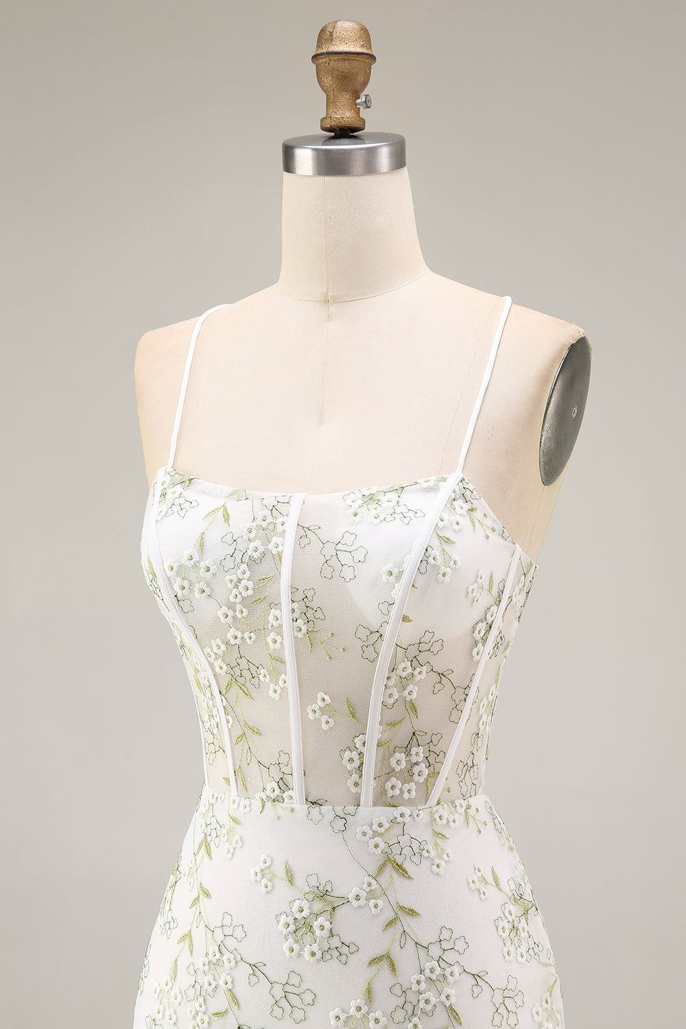 White Green Flower Sheer Corset Mermaid Embroidered Long Prom Dress with Slit