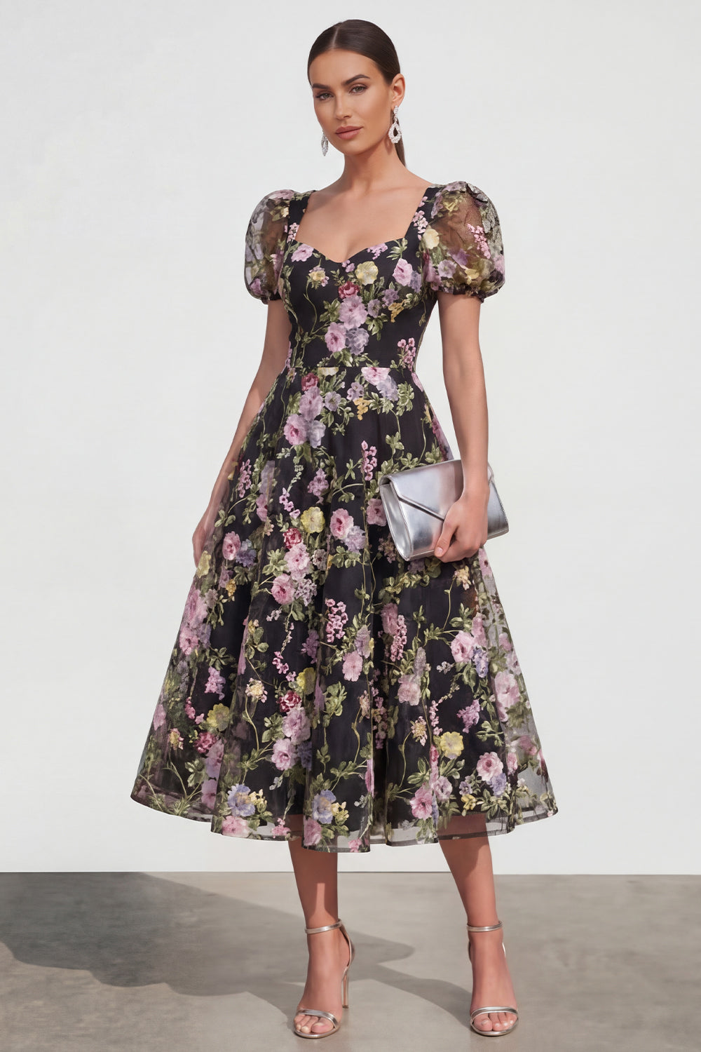 Robe trapèze mi-longue à manches bouffantes imprimé fleuri multiple