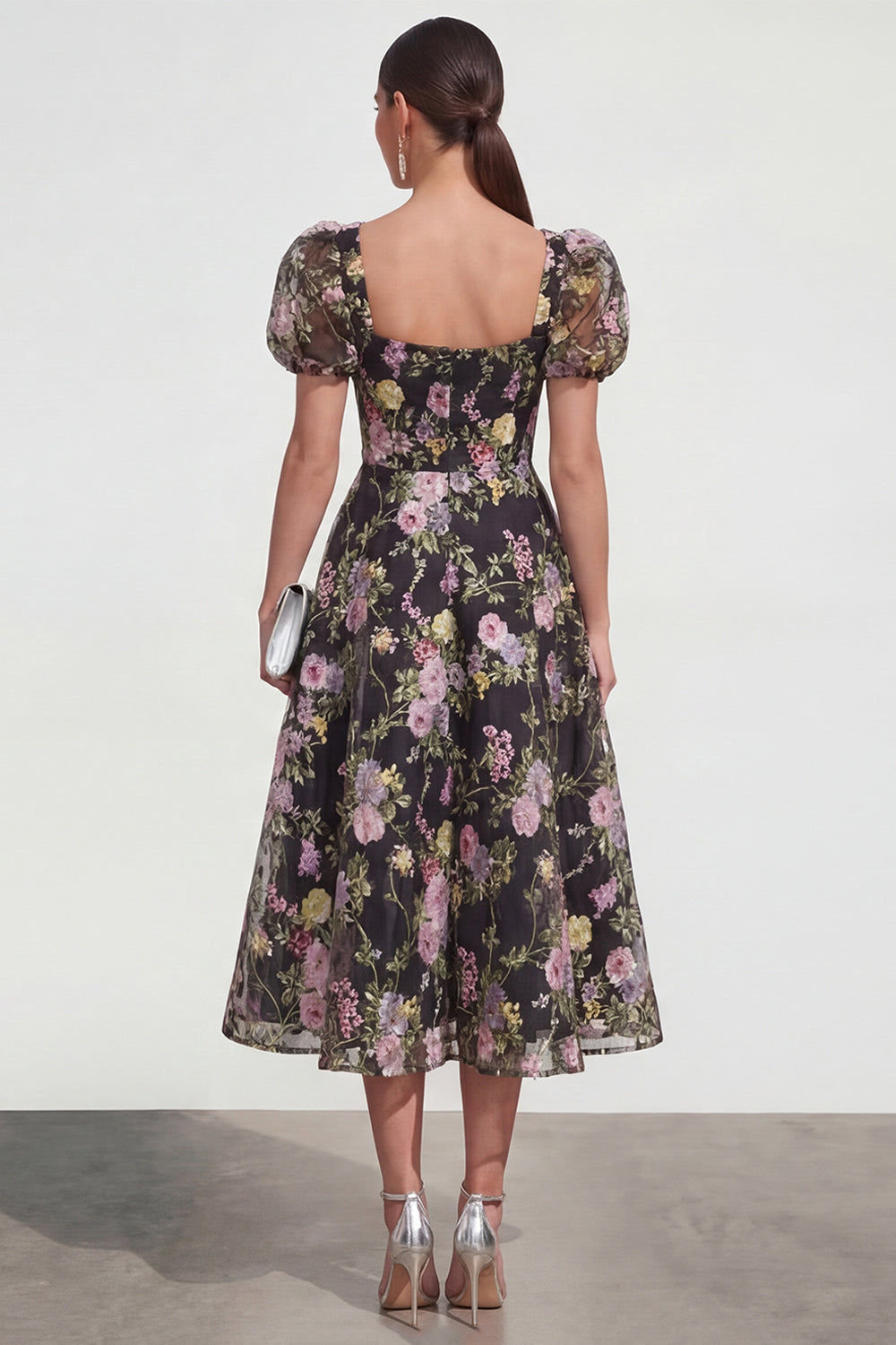 Robe trapèze mi-longue à manches bouffantes imprimé fleuri multiple