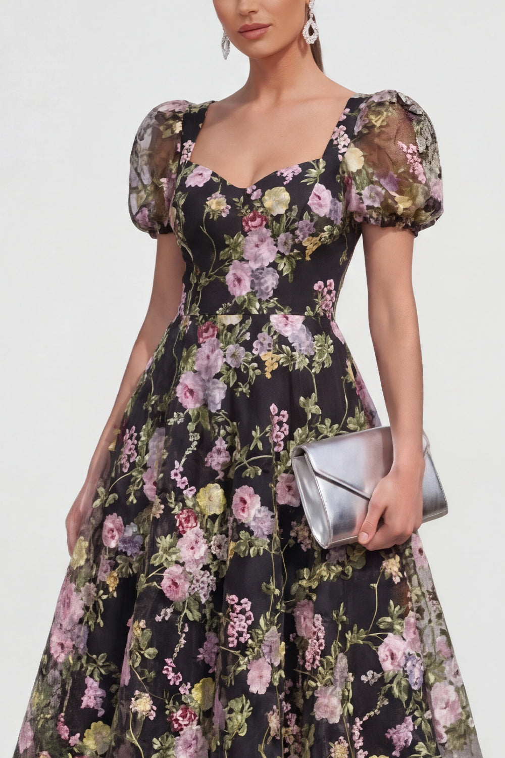 Robe trapèze mi-longue à manches bouffantes imprimé fleuri multiple