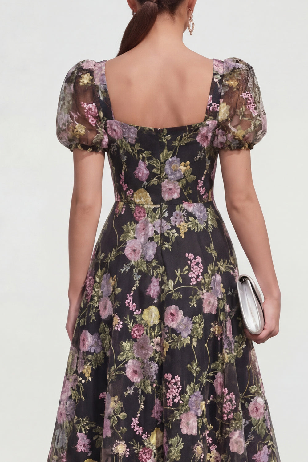 Robe trapèze mi-longue à manches bouffantes imprimé fleuri multiple