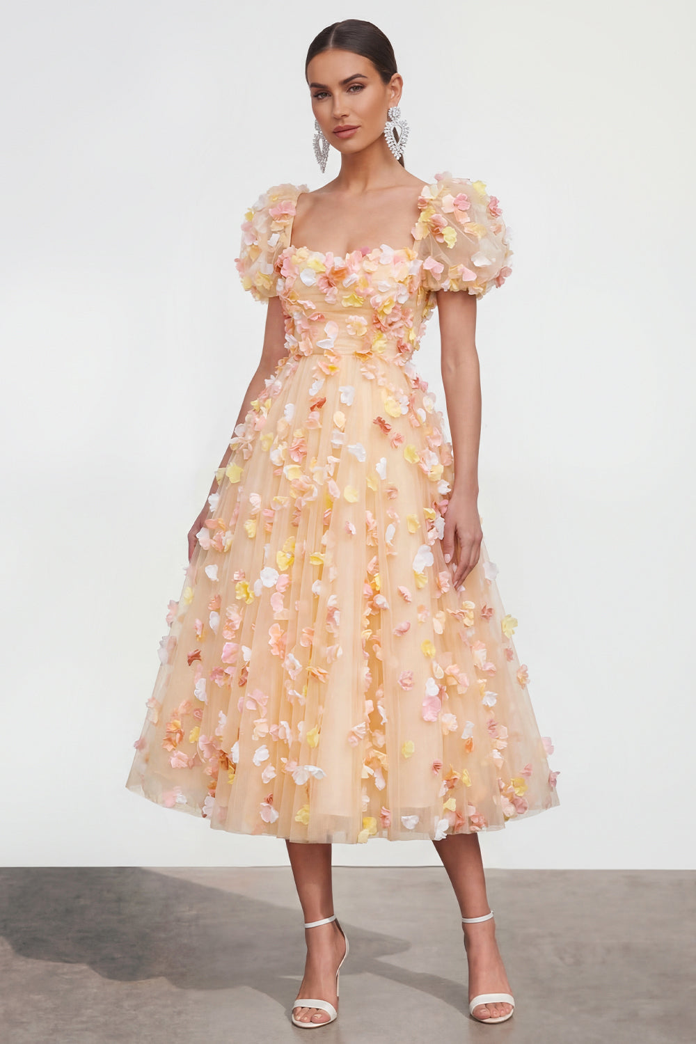 Champagne A-Line Puff Sleeve Lace-Up Back Floral Dress with 3D Flowers