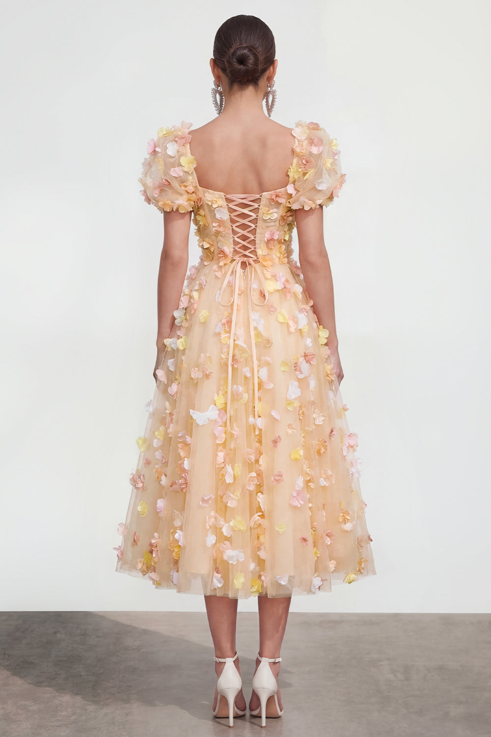Champagne A-Line Puff Sleeve Lace-Up Back Floral Dress with 3D Flowers